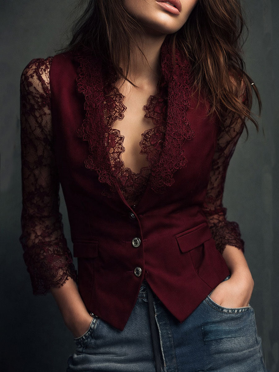 Women's Lace Trim Blazer Blouse - Smart Evening Top 2