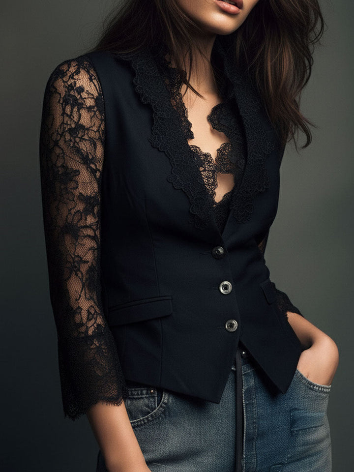 Women's Lace Trim Blazer Blouse - Smart Evening Top 7
