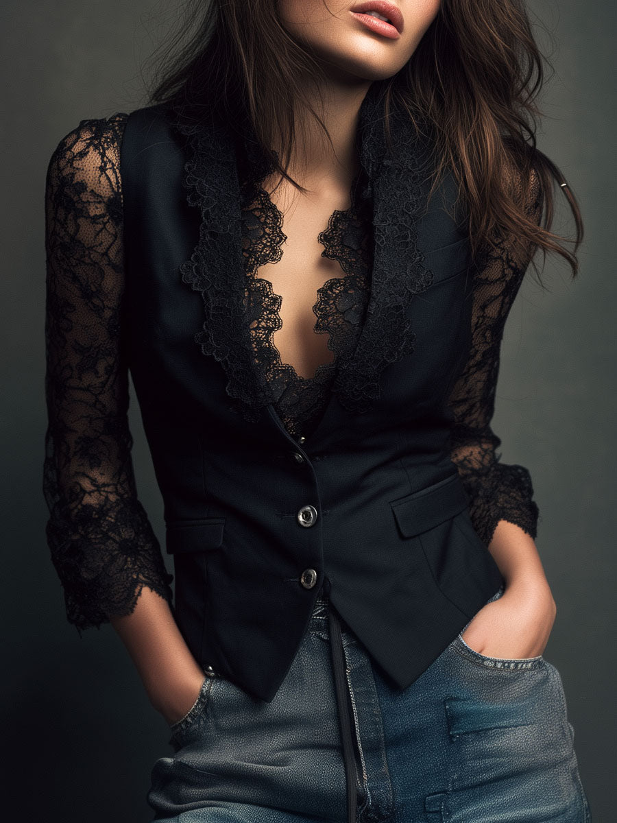 Women's Lace Trim Blazer Blouse - Smart Evening Top 1