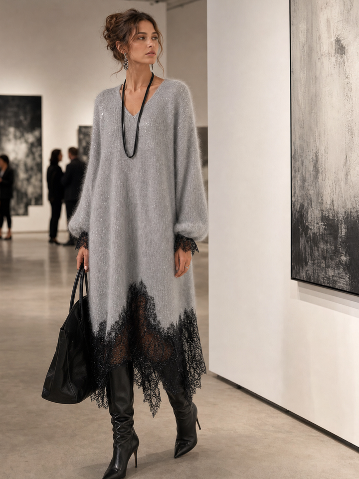 Shimmer Knit Sweater Dress with Lace Hem, V-Neck and Puff Sleeves 3