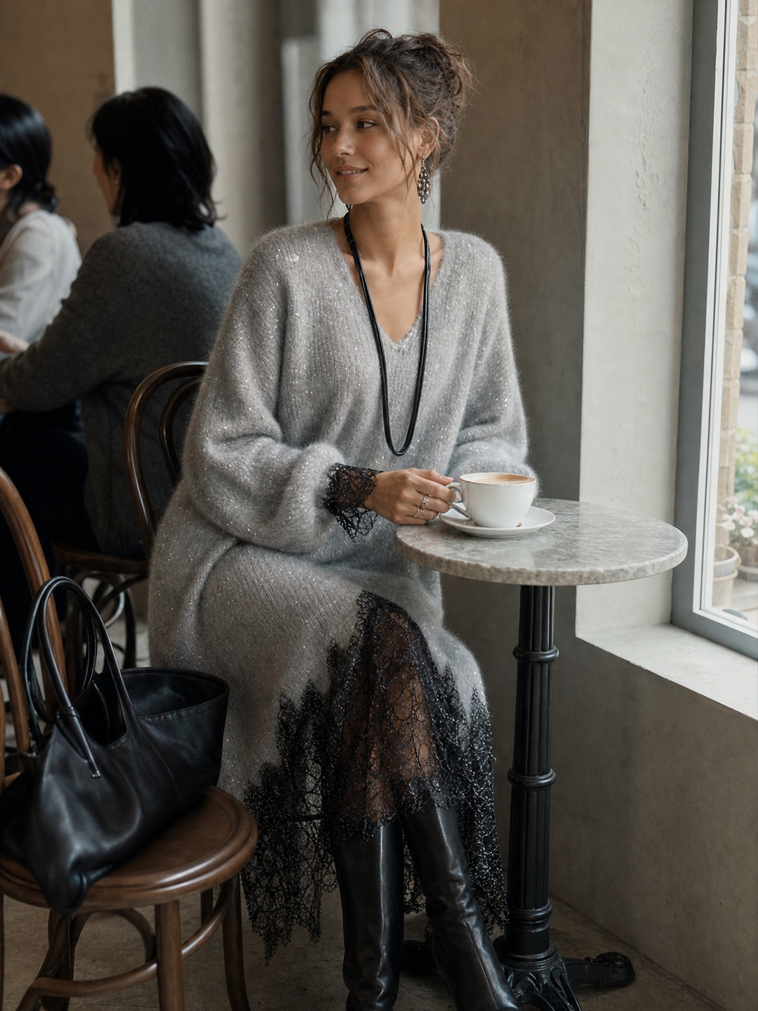 Shimmer Knit Sweater Dress with Lace Hem, V-Neck and Puff Sleeves 4