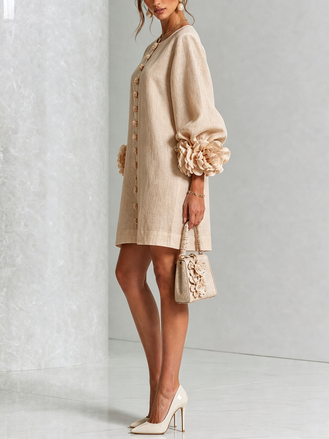 Linen Blend Shirt Dress with Rosette Trim Sleeves 28