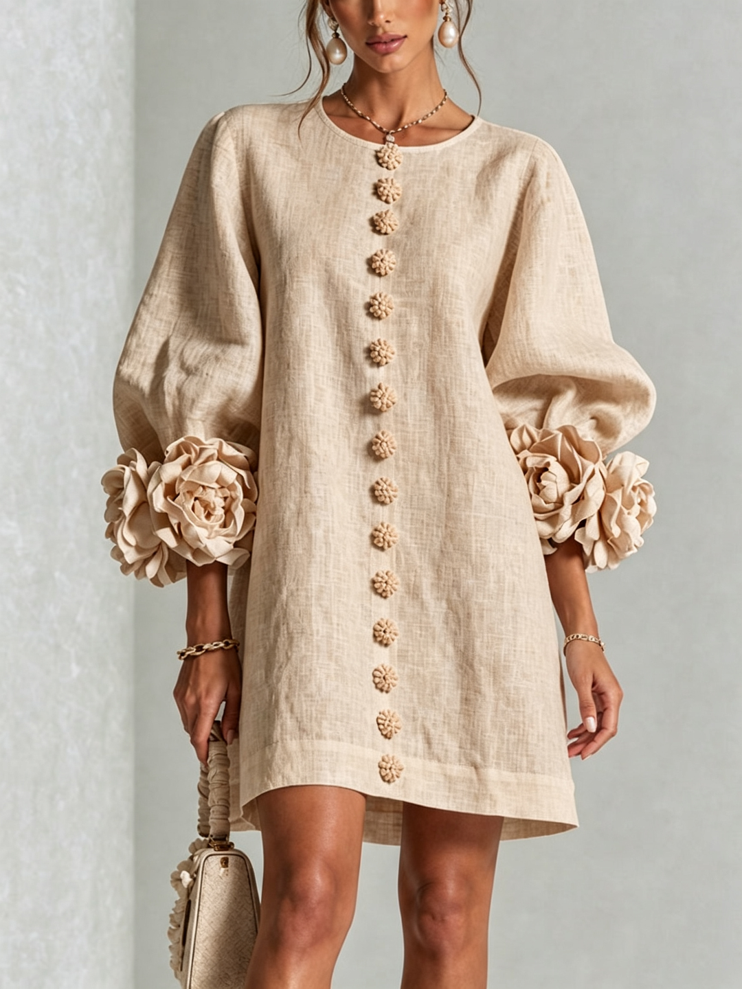 Linen Blend Shirt Dress with Rosette Trim Sleeves 27