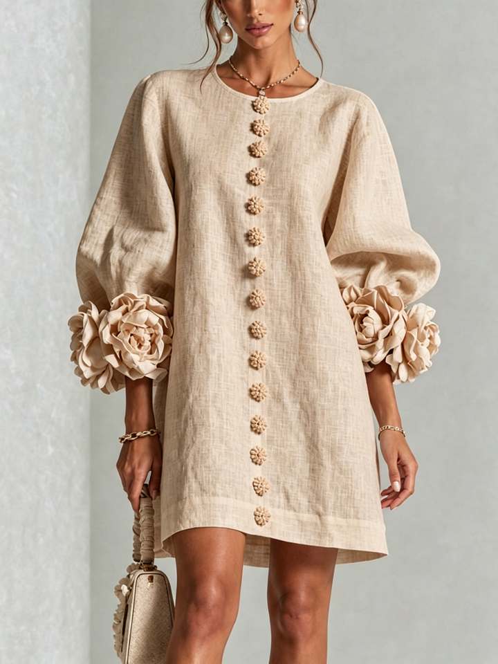 Linen Blend Shirt Dress with Rosette Trim Sleeves 27