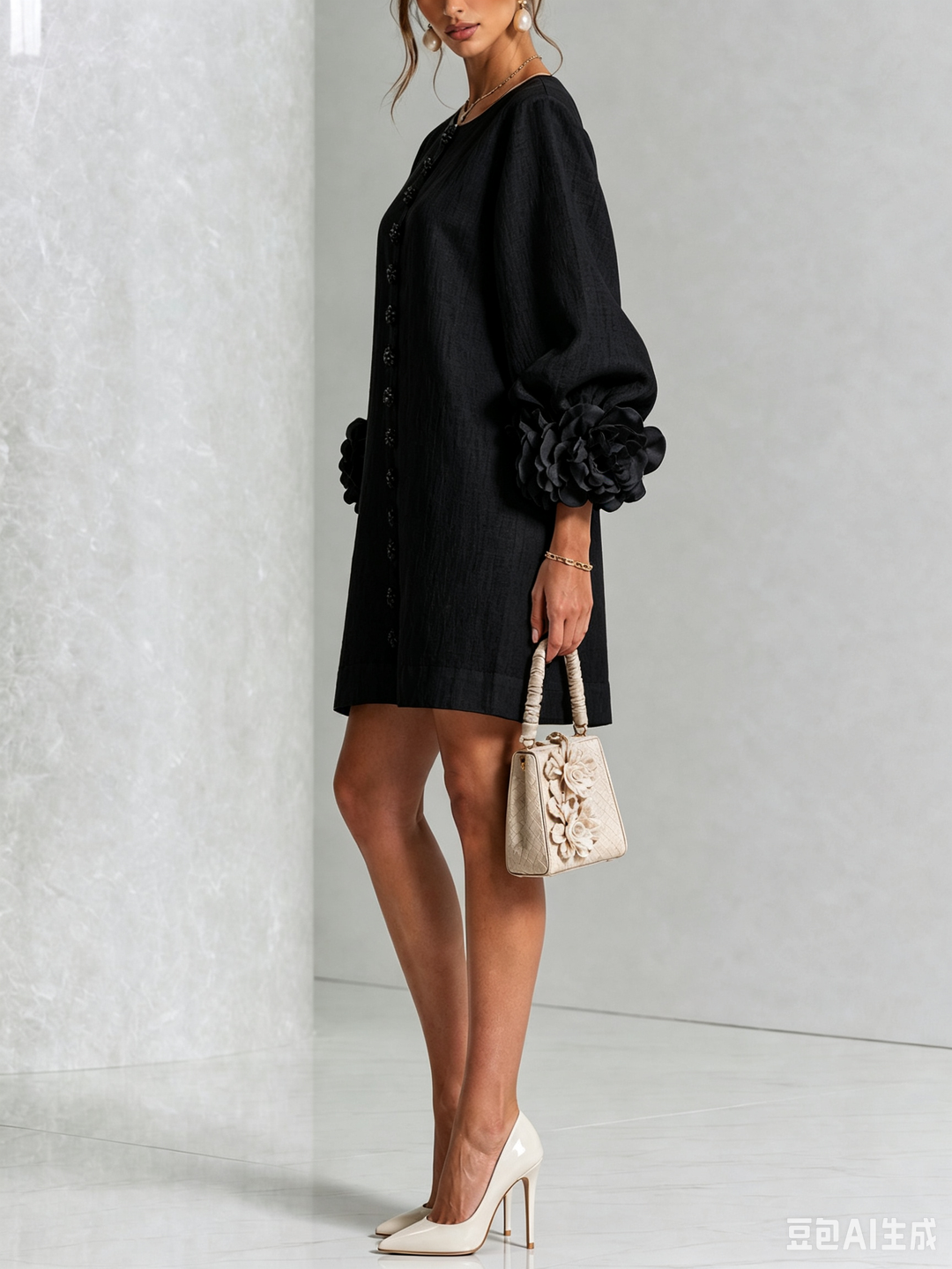 Elegant A-Line Dress with Volume Sleeves and Floral Buttons 16