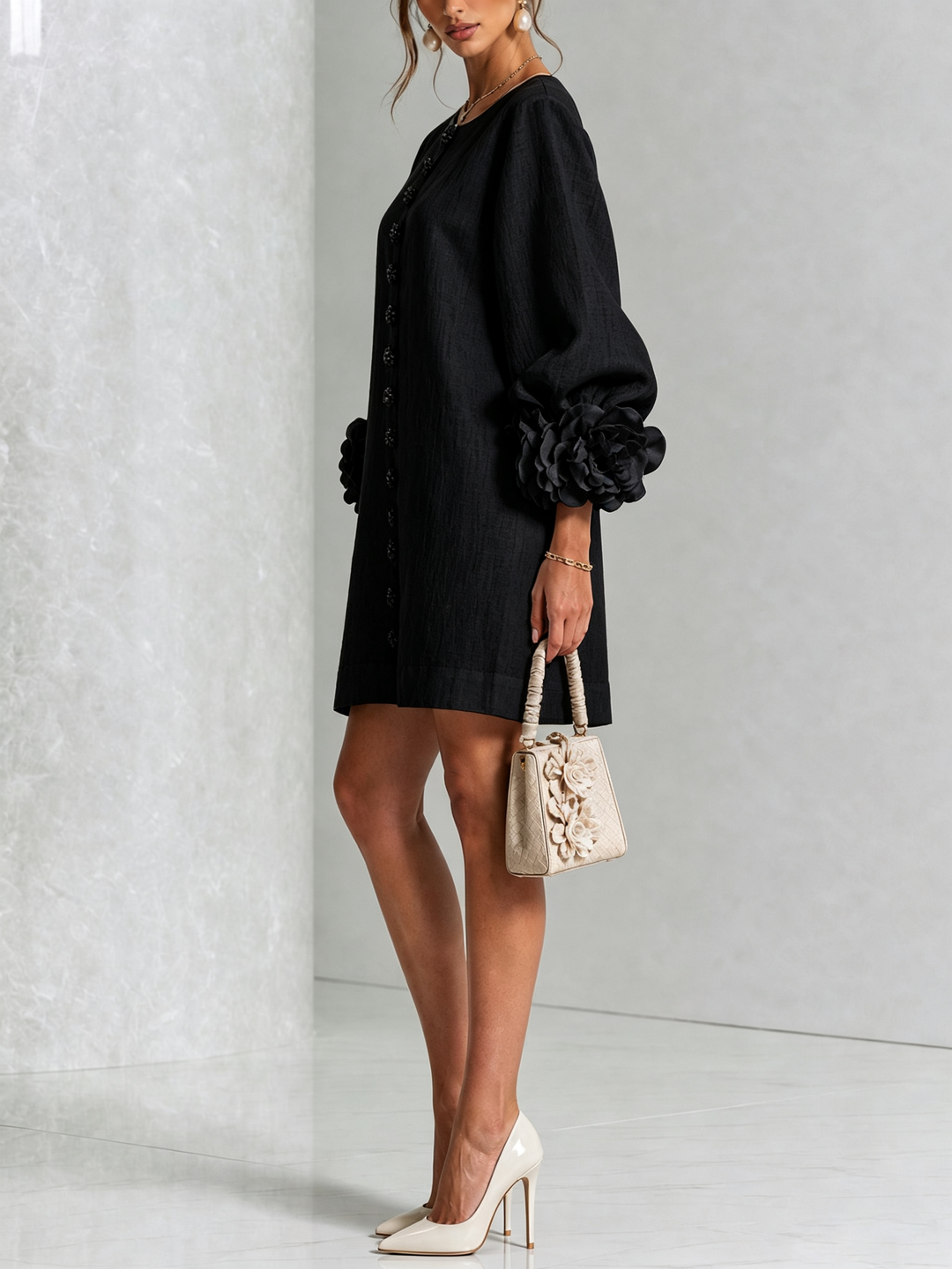 Linen Blend Shirt Dress with Rosette Trim Sleeves 22