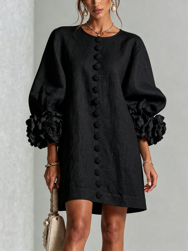 Elegant A-Line Dress with Volume Sleeves and Floral Buttons 15