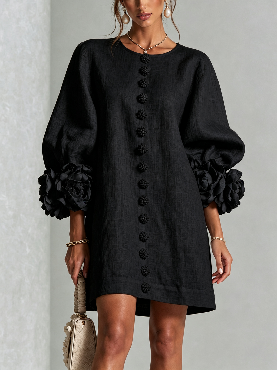 Linen Blend Shirt Dress with Rosette Trim Sleeves 21