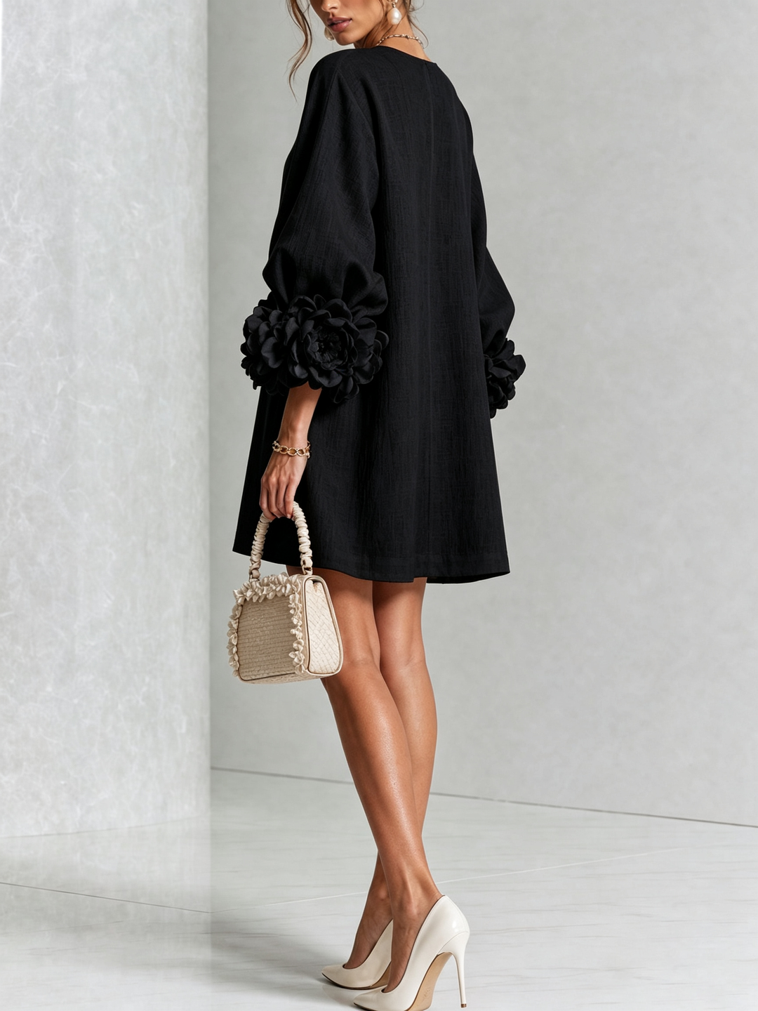 Linen Blend Shirt Dress with Rosette Trim Sleeves 23