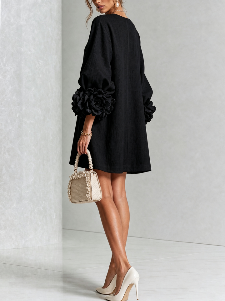 Linen Blend Shirt Dress with Rosette Trim Sleeves 23