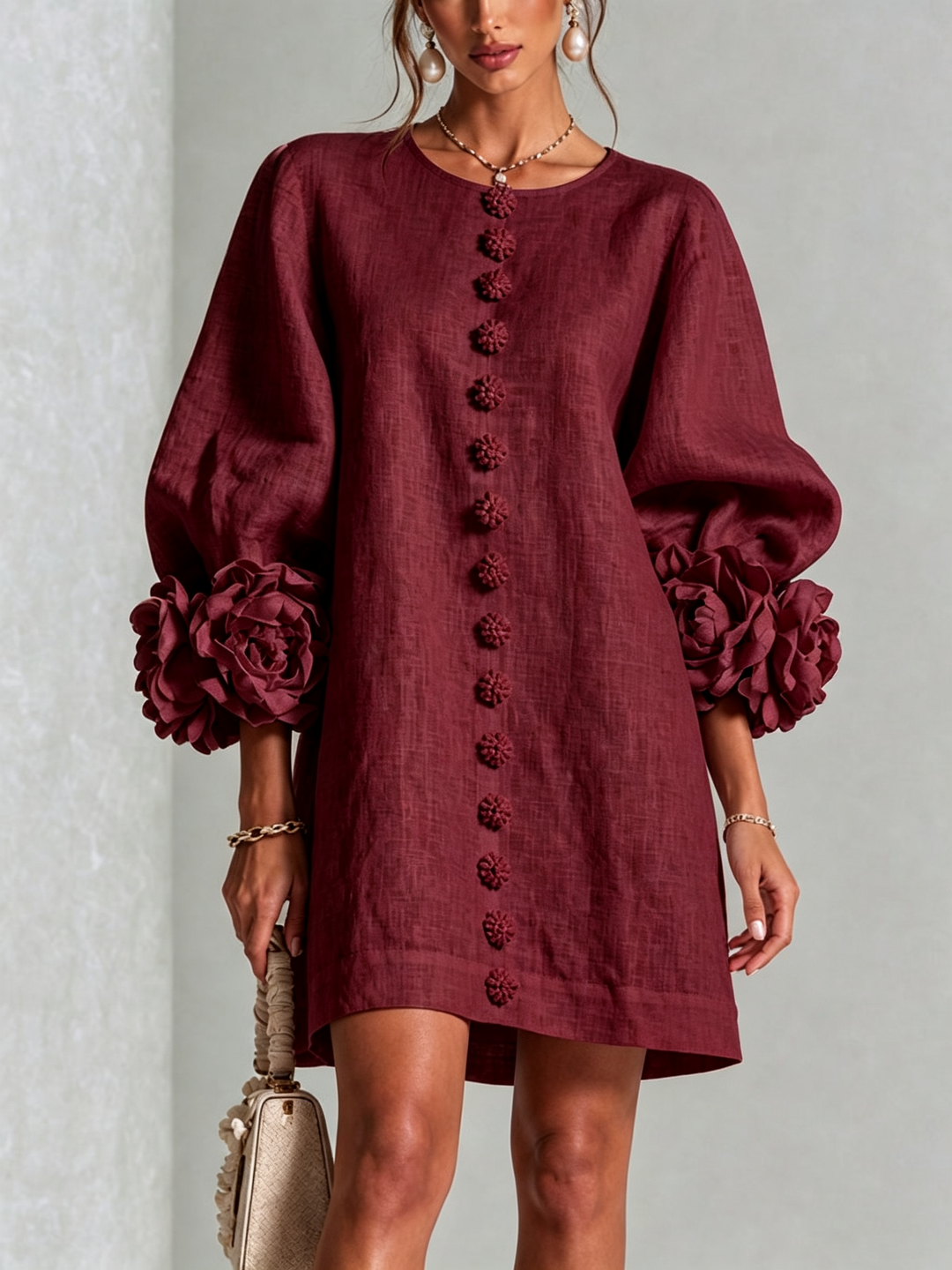 Linen Blend Shirt Dress with Rosette Trim Sleeves 38