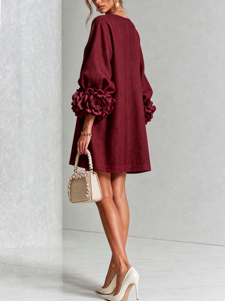 Linen Blend Shirt Dress with Rosette Trim Sleeves 40