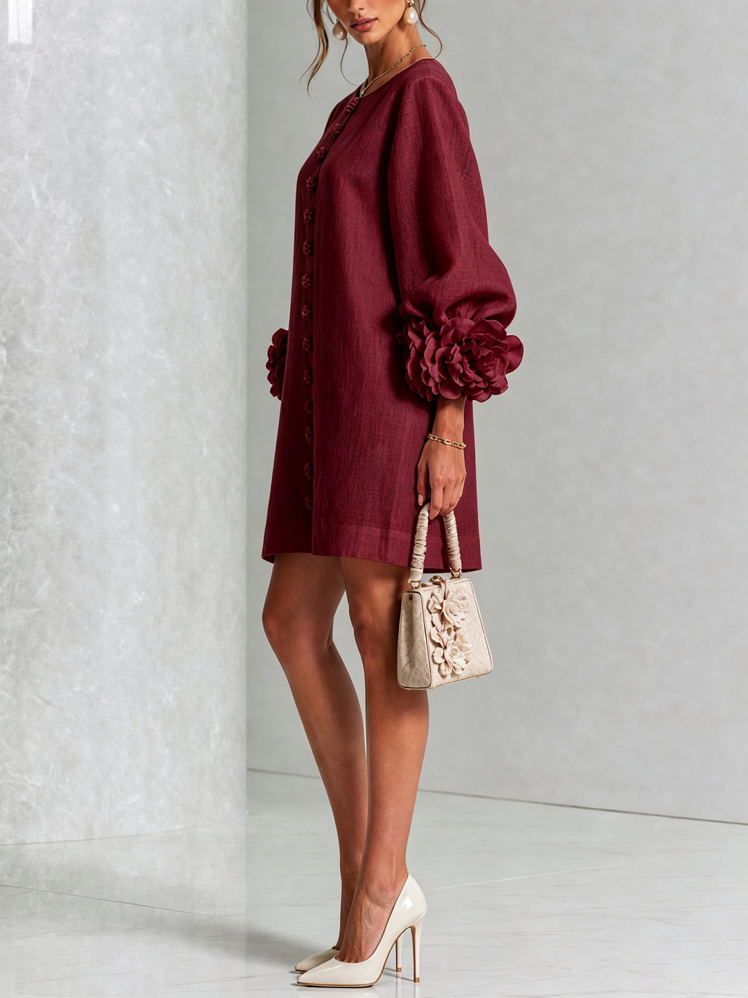 Elegant A-Line Dress with Volume Sleeves and Floral Buttons 36