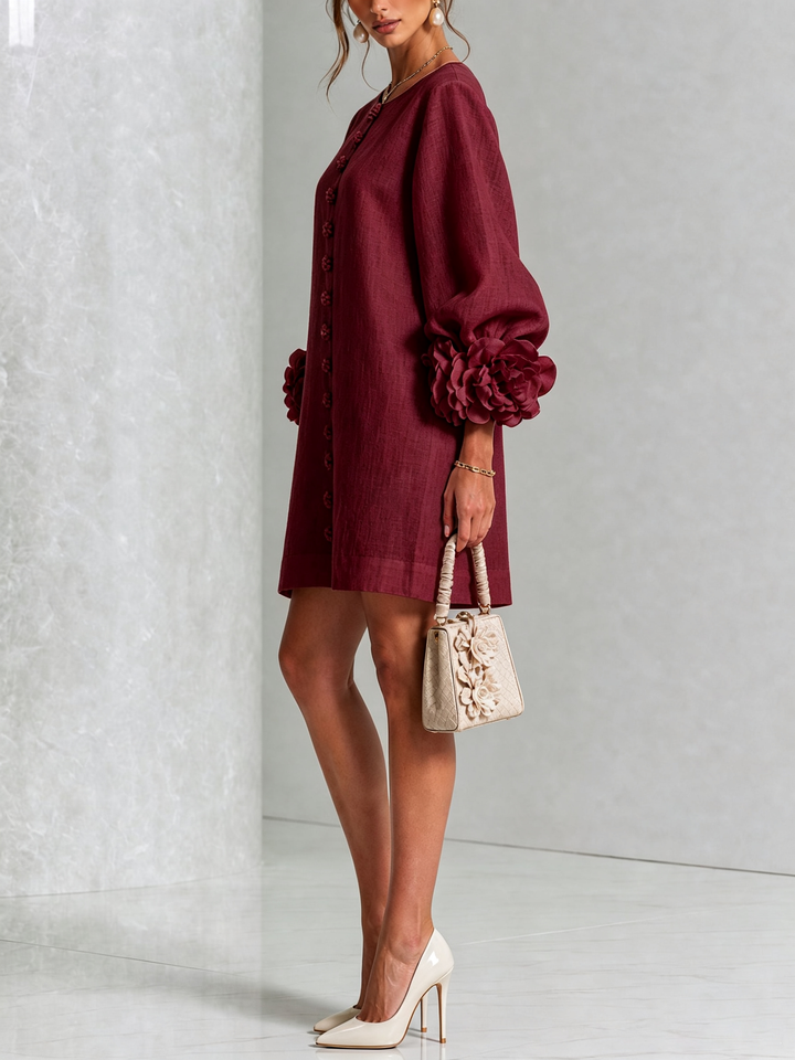 Linen Blend Shirt Dress with Rosette Trim Sleeves 39
