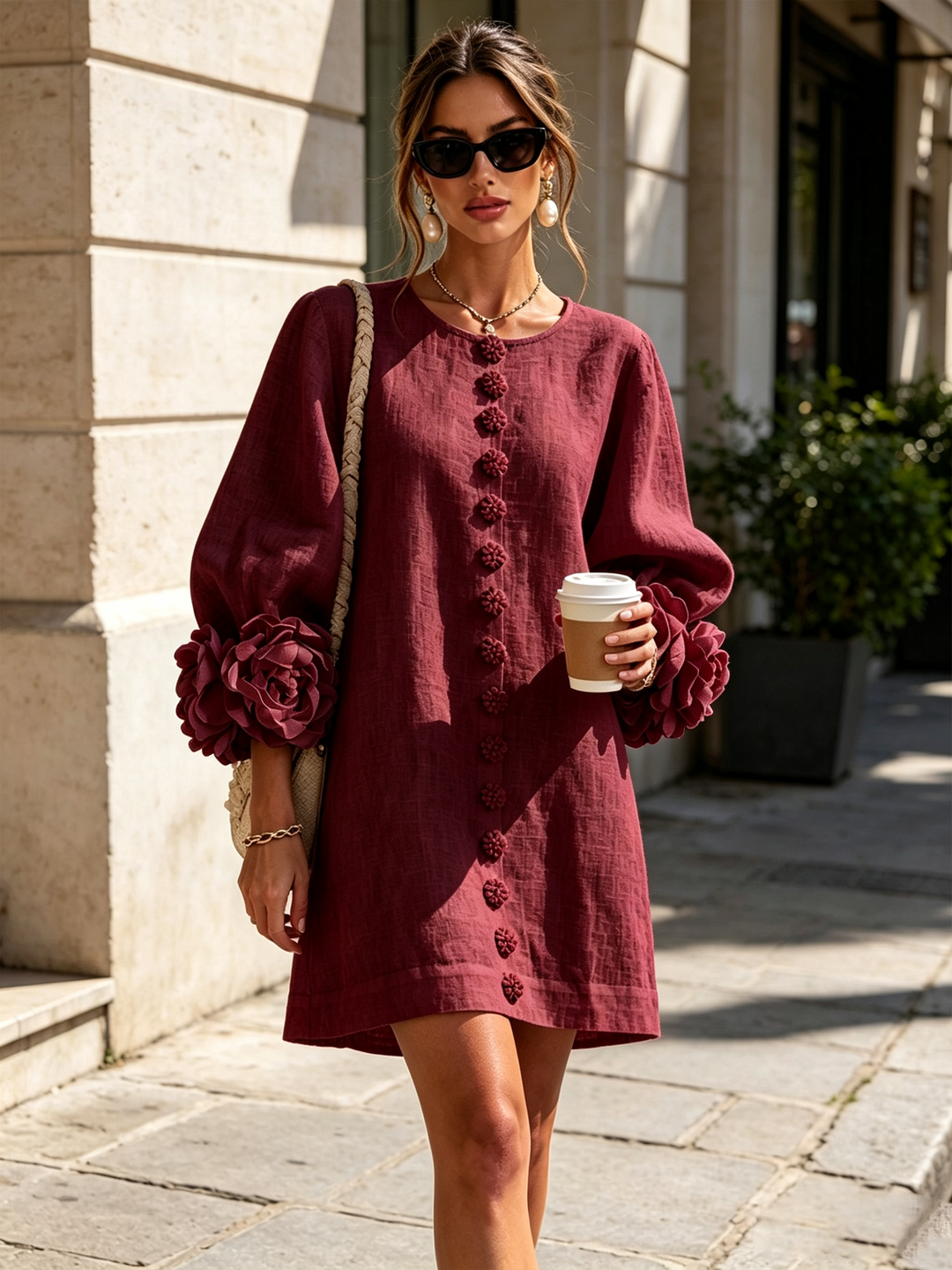 Linen Blend Shirt Dress with Rosette Trim Sleeves 7