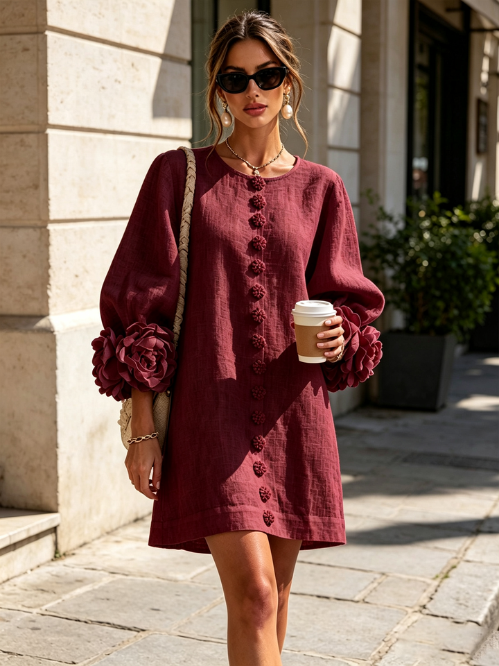 Elegant A-Line Dress with Volume Sleeves and Floral Buttons 38