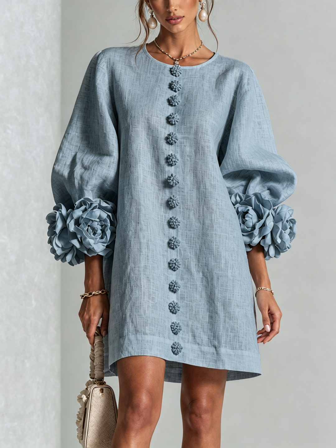 Linen Blend Shirt Dress with Rosette Trim Sleeves 41