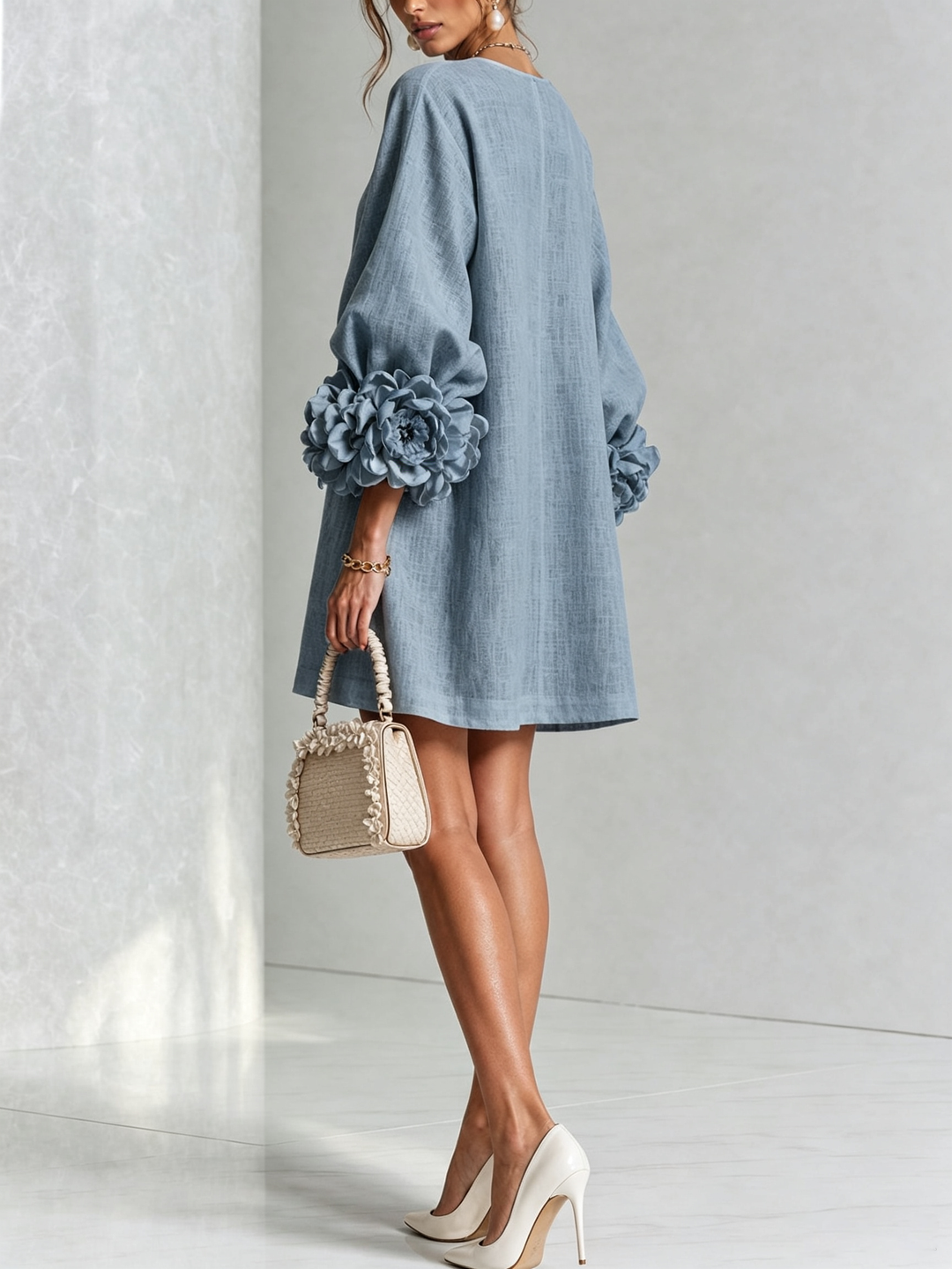 Linen Blend Shirt Dress with Rosette Trim Sleeves 43