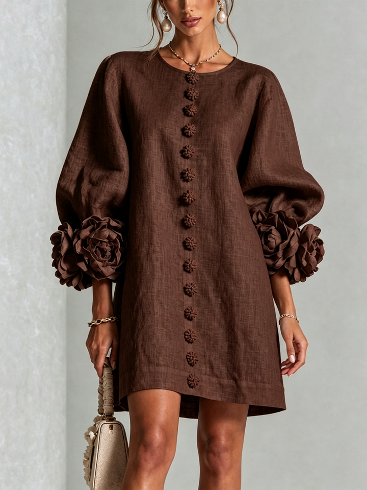 Linen Blend Shirt Dress with Rosette Trim Sleeves 31