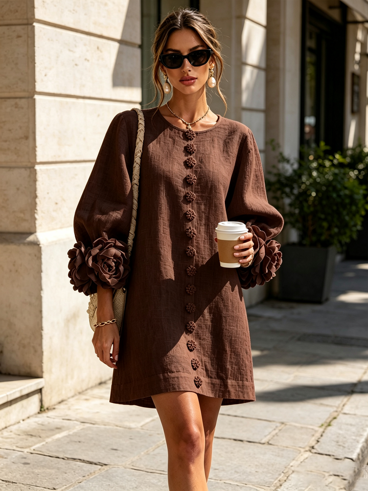 Linen Blend Shirt Dress with Rosette Trim Sleeves 34