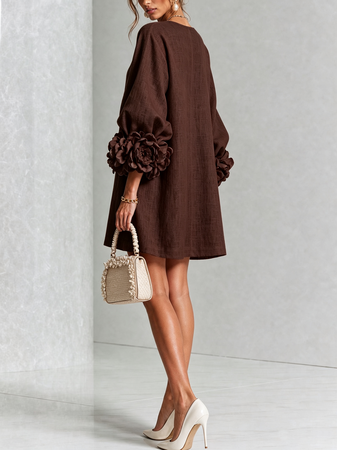 Elegant A-Line Dress with Volume Sleeves and Floral Buttons 29