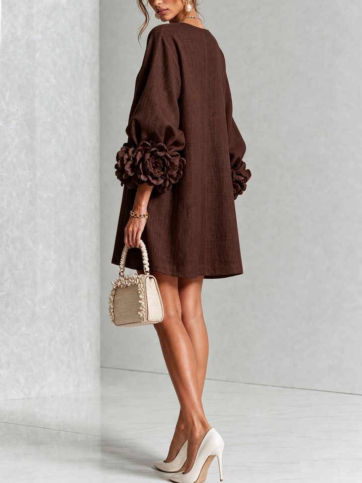 Linen Blend Shirt Dress with Rosette Trim Sleeves 33
