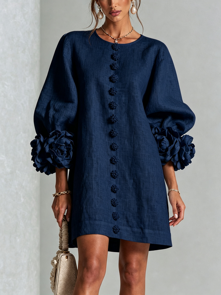Elegant A-Line Dress with Volume Sleeves and Floral Buttons 11