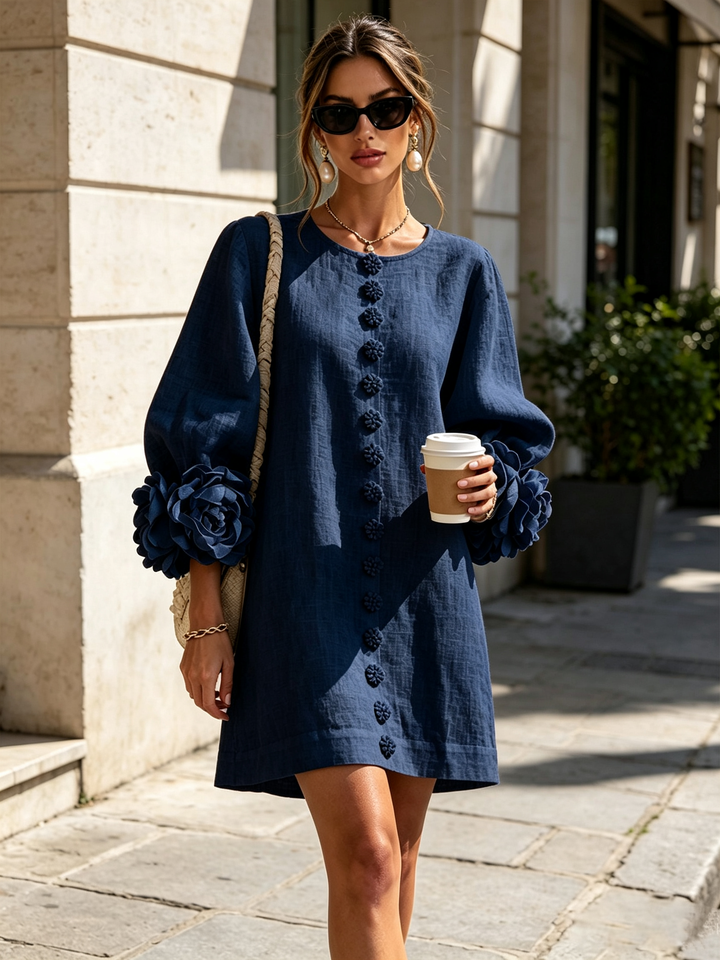 Linen Blend Shirt Dress with Rosette Trim Sleeves 3