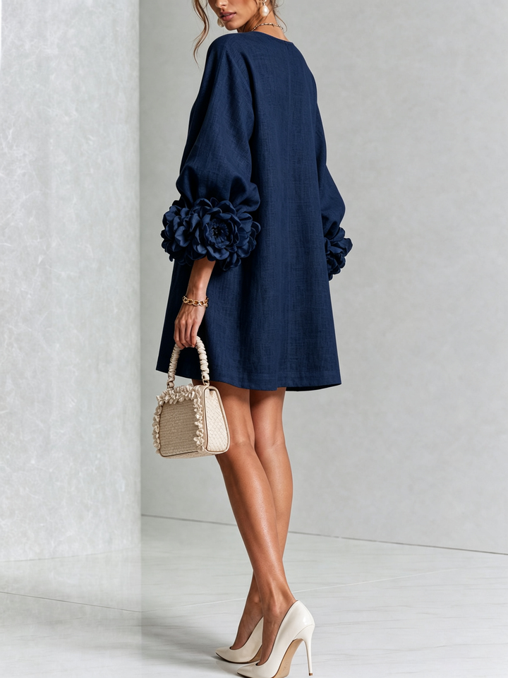 Elegant A-Line Dress with Volume Sleeves and Floral Buttons 13