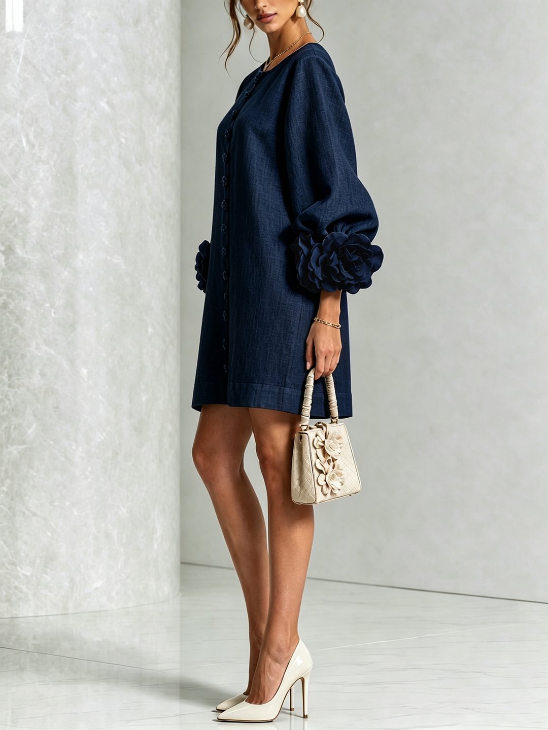 Linen Blend Shirt Dress with Rosette Trim Sleeves 19