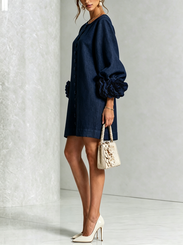 Elegant A-Line Dress with Volume Sleeves and Floral Buttons 12
