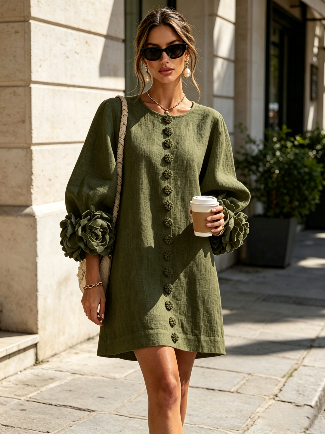 Linen Blend Shirt Dress with Rosette Trim Sleeves 2