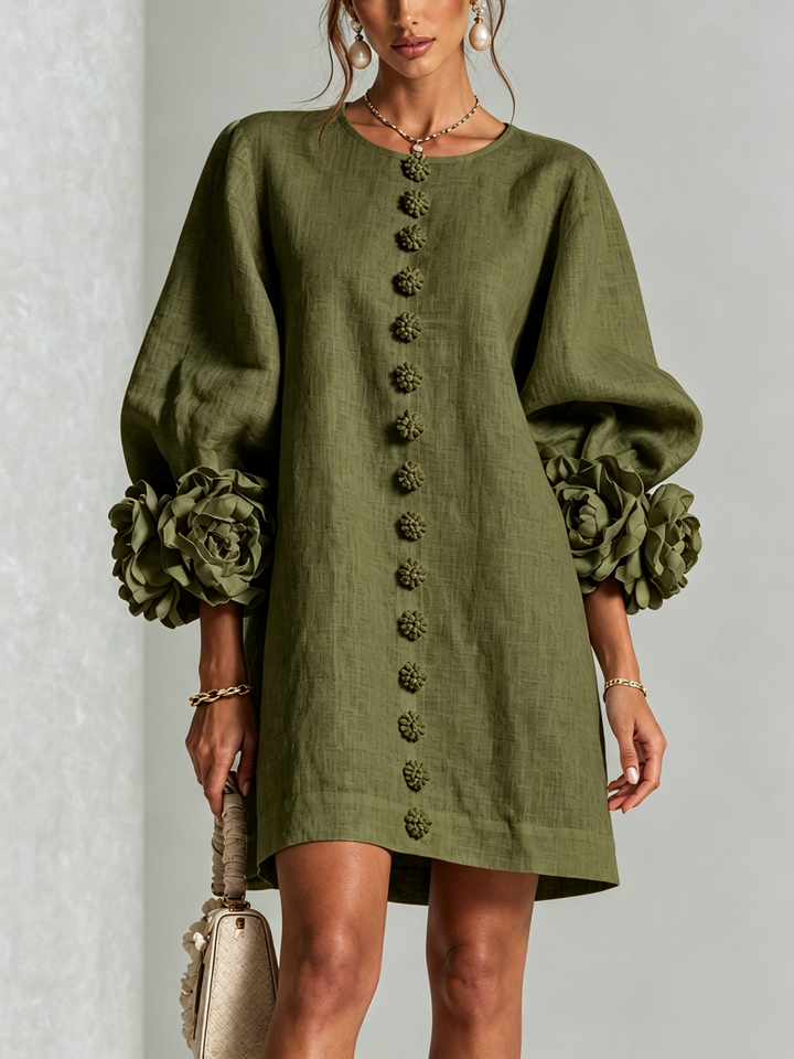 Linen Blend Shirt Dress with Rosette Trim Sleeves 11