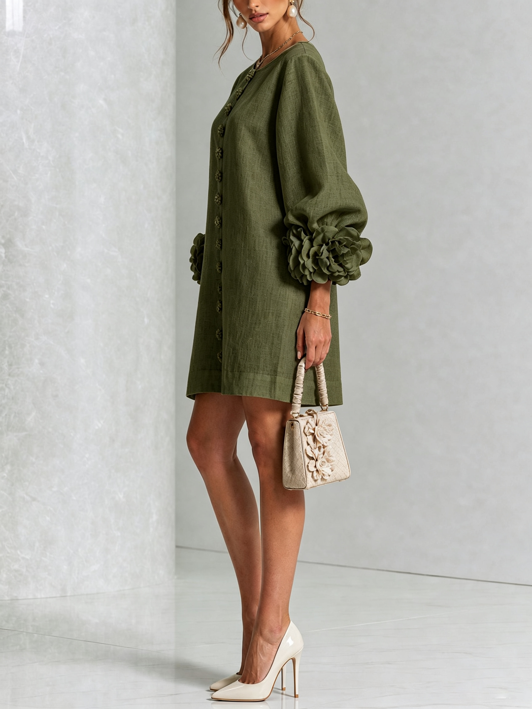 Linen Blend Shirt Dress with Rosette Trim Sleeves 17