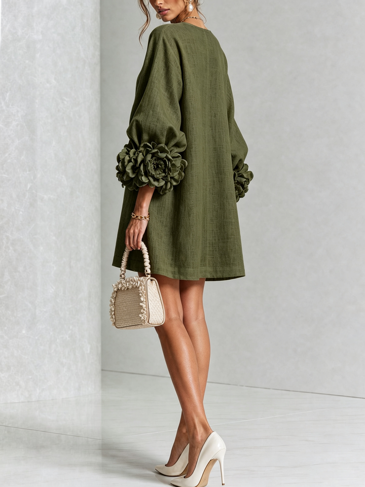 Linen Blend Shirt Dress with Rosette Trim Sleeves 18