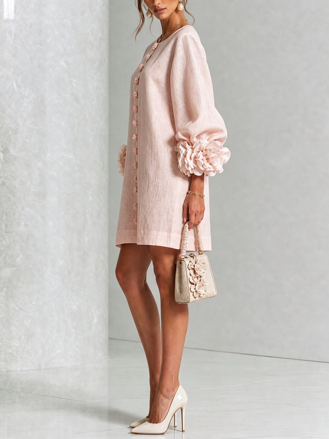 Linen Blend Shirt Dress with Rosette Trim Sleeves 25