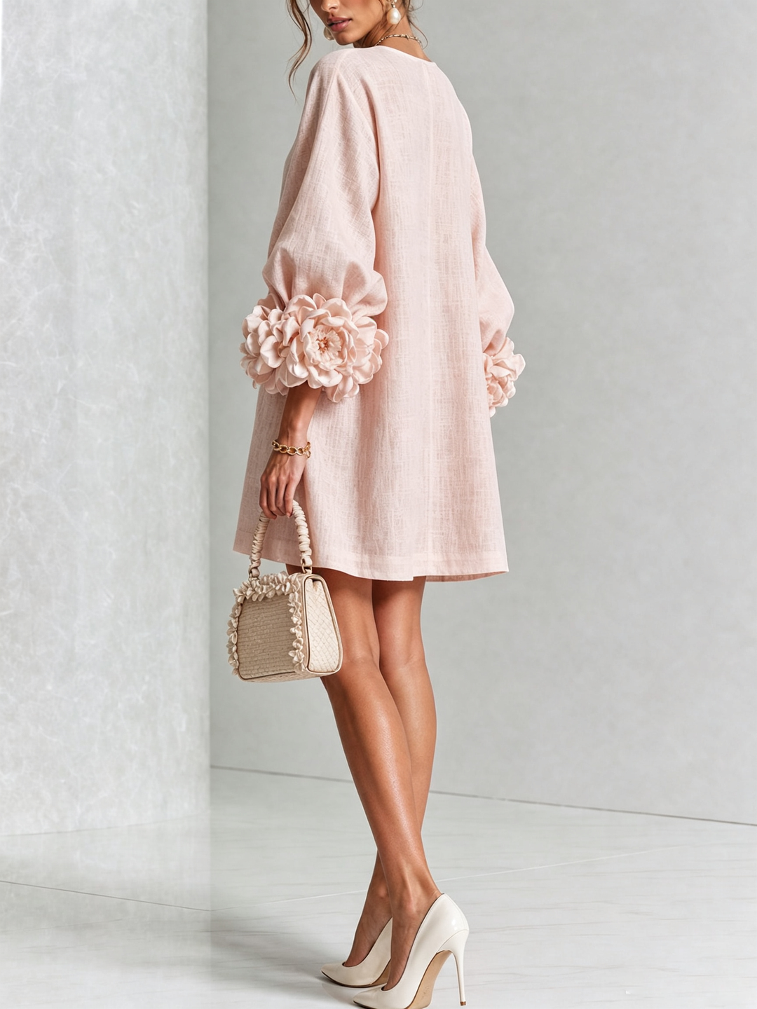 Linen Blend Shirt Dress with Rosette Trim Sleeves 26
