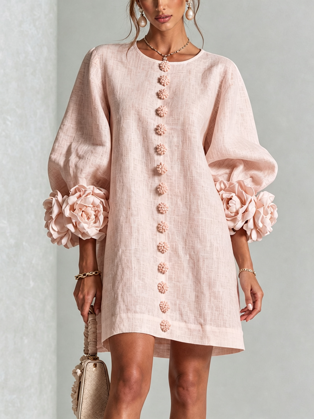 Linen Blend Shirt Dress with Rosette Trim Sleeves 24