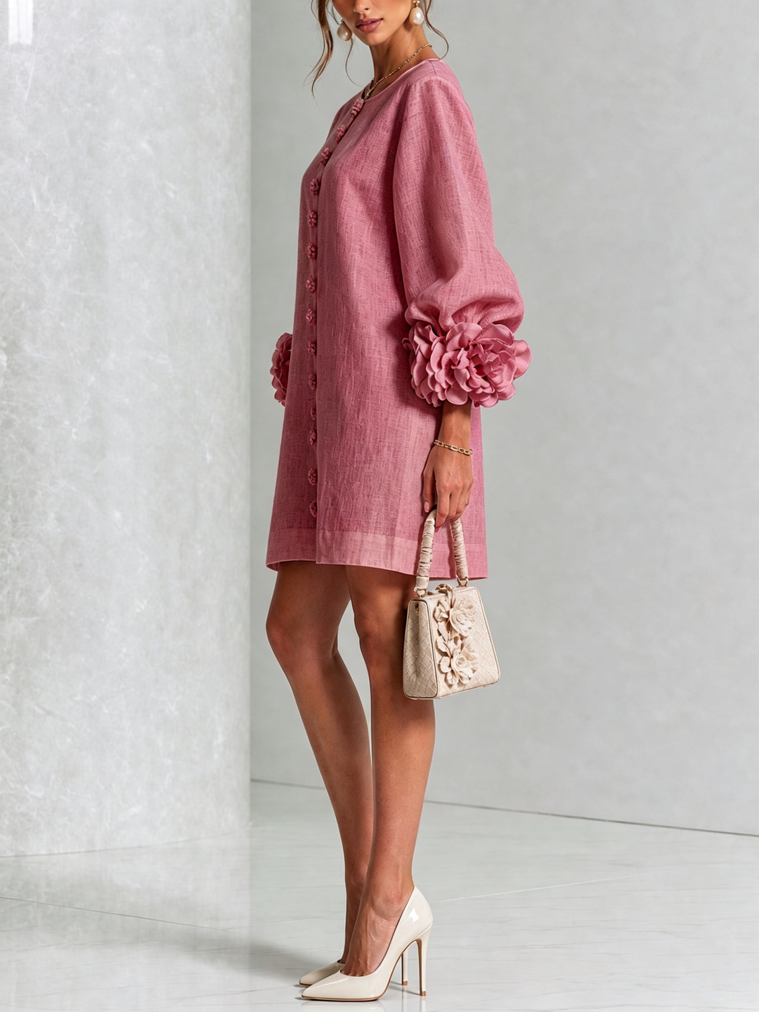 Linen Blend Shirt Dress with Rosette Trim Sleeves 45