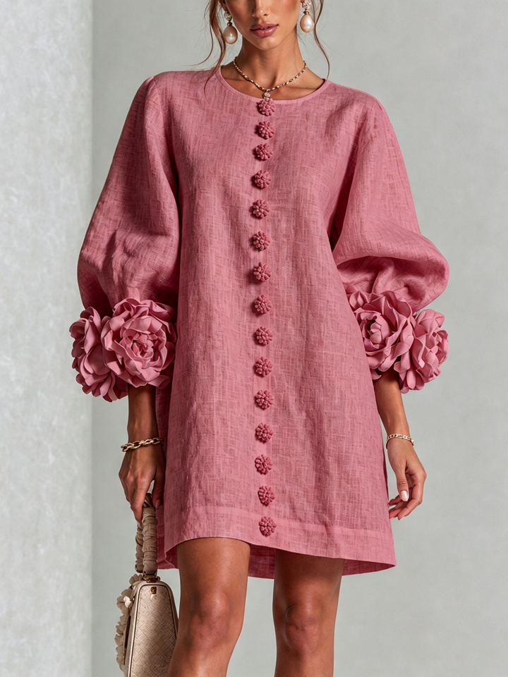 Linen Blend Shirt Dress with Rosette Trim Sleeves 44