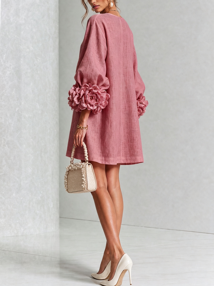 Linen Blend Shirt Dress with Rosette Trim Sleeves 46