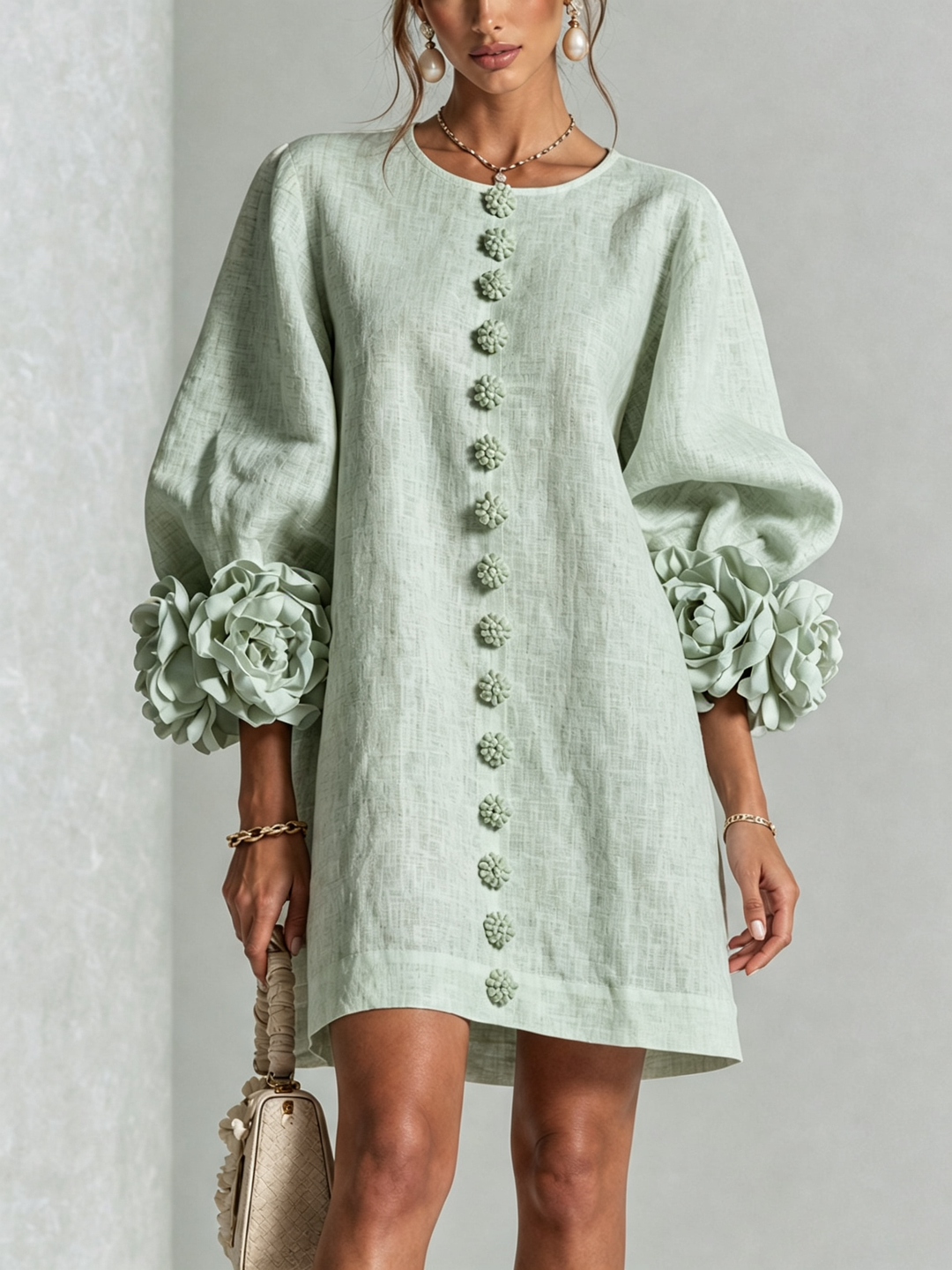 Linen Blend Shirt Dress with Rosette Trim Sleeves 35
