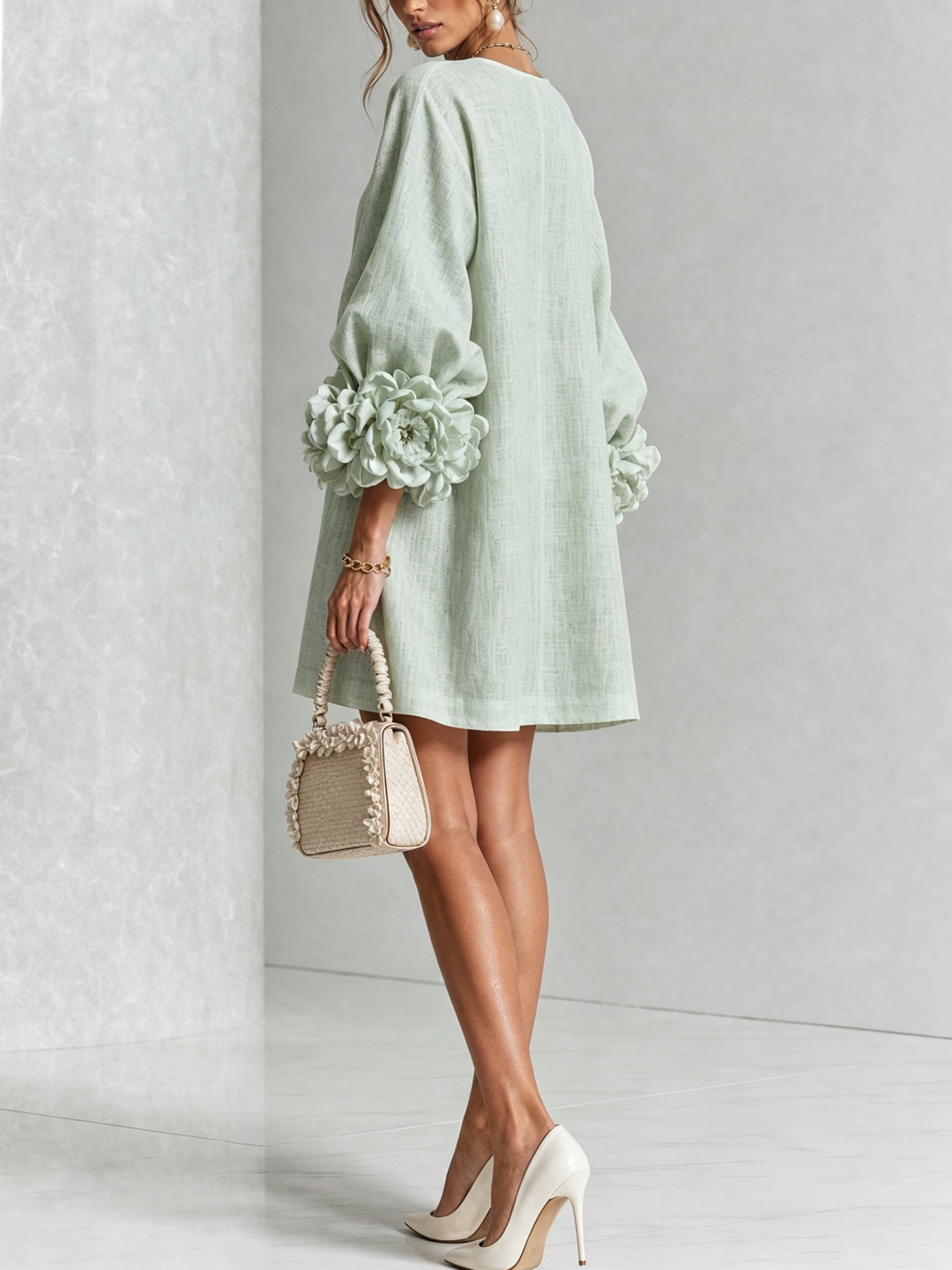 Linen Blend Shirt Dress with Rosette Trim Sleeves 37