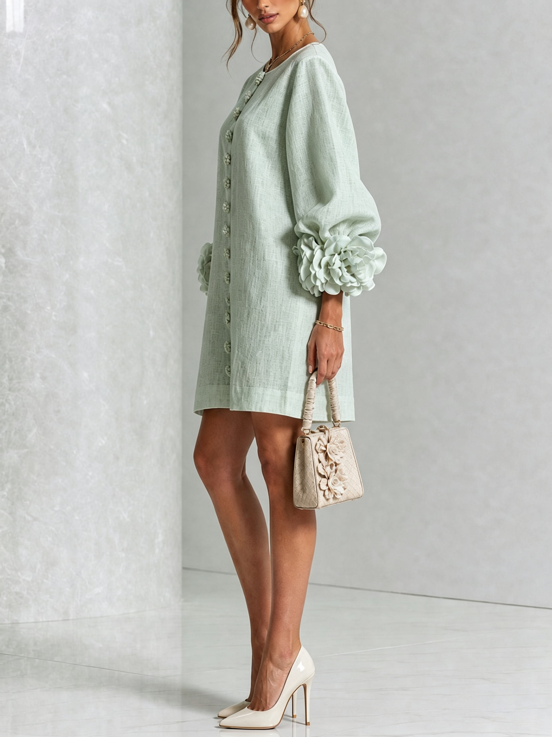Linen Blend Shirt Dress with Rosette Trim Sleeves 36