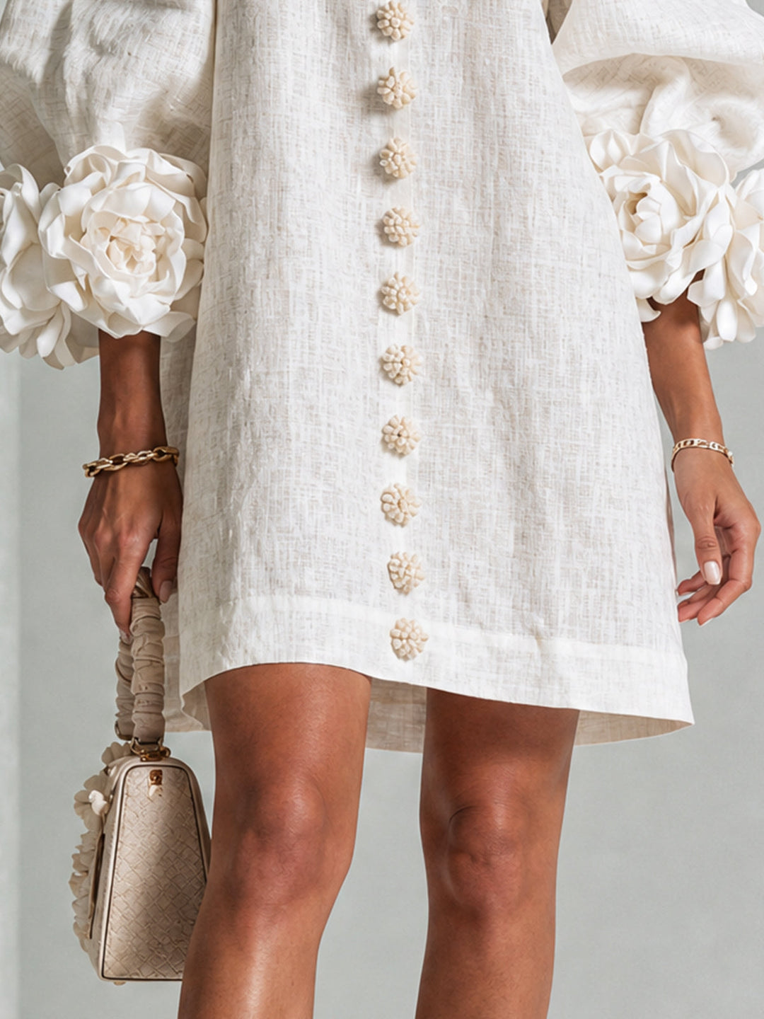 Linen Blend Shirt Dress with Rosette Trim Sleeves 16