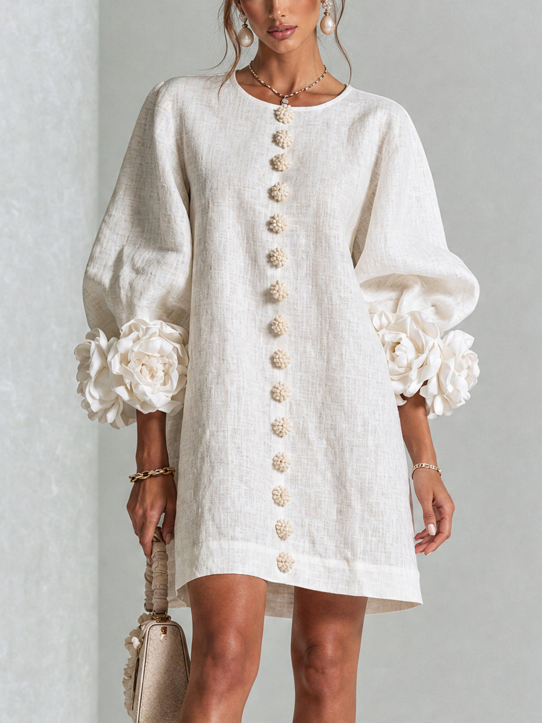 Linen Blend Shirt Dress with Rosette Trim Sleeves 10