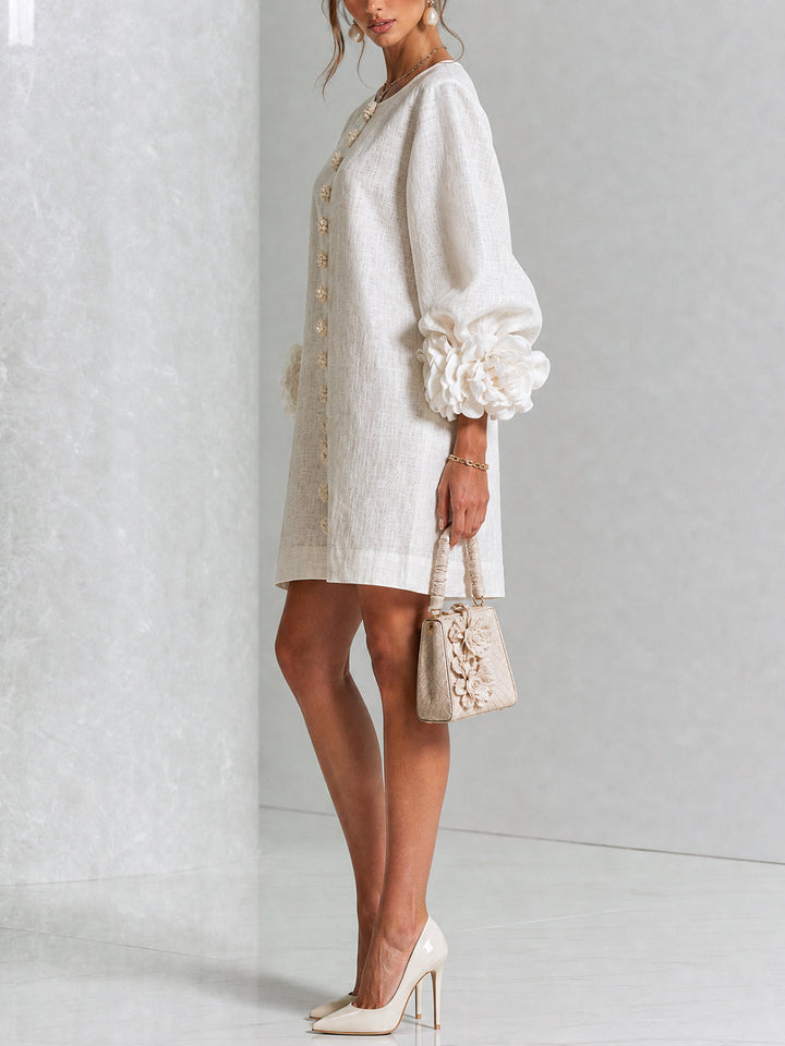 Elegant A-Line Dress with Volume Sleeves and Floral Buttons 2
