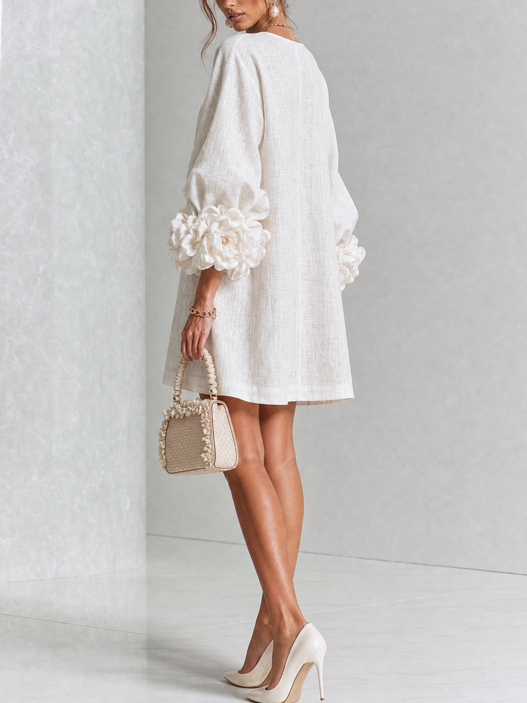 Linen Blend Shirt Dress with Rosette Trim Sleeves 14