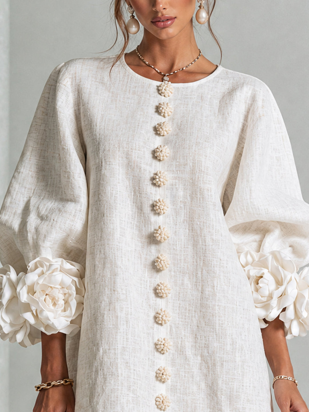 Women's Linen Puff Long Sleeve Tunic Mini Shift Dress 5
