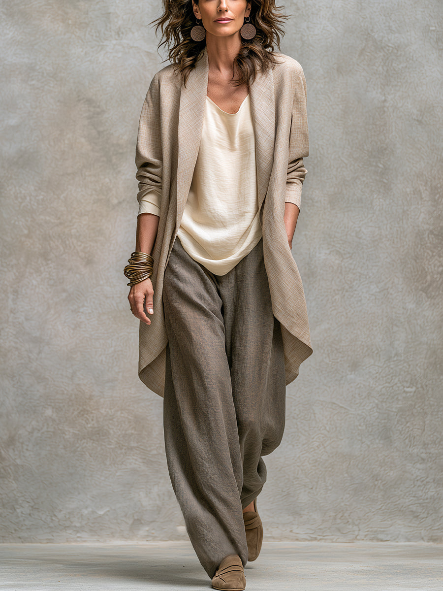 Women's 3-Piece Flowy Set with Open Cardigan and Wide-Leg Pants 1